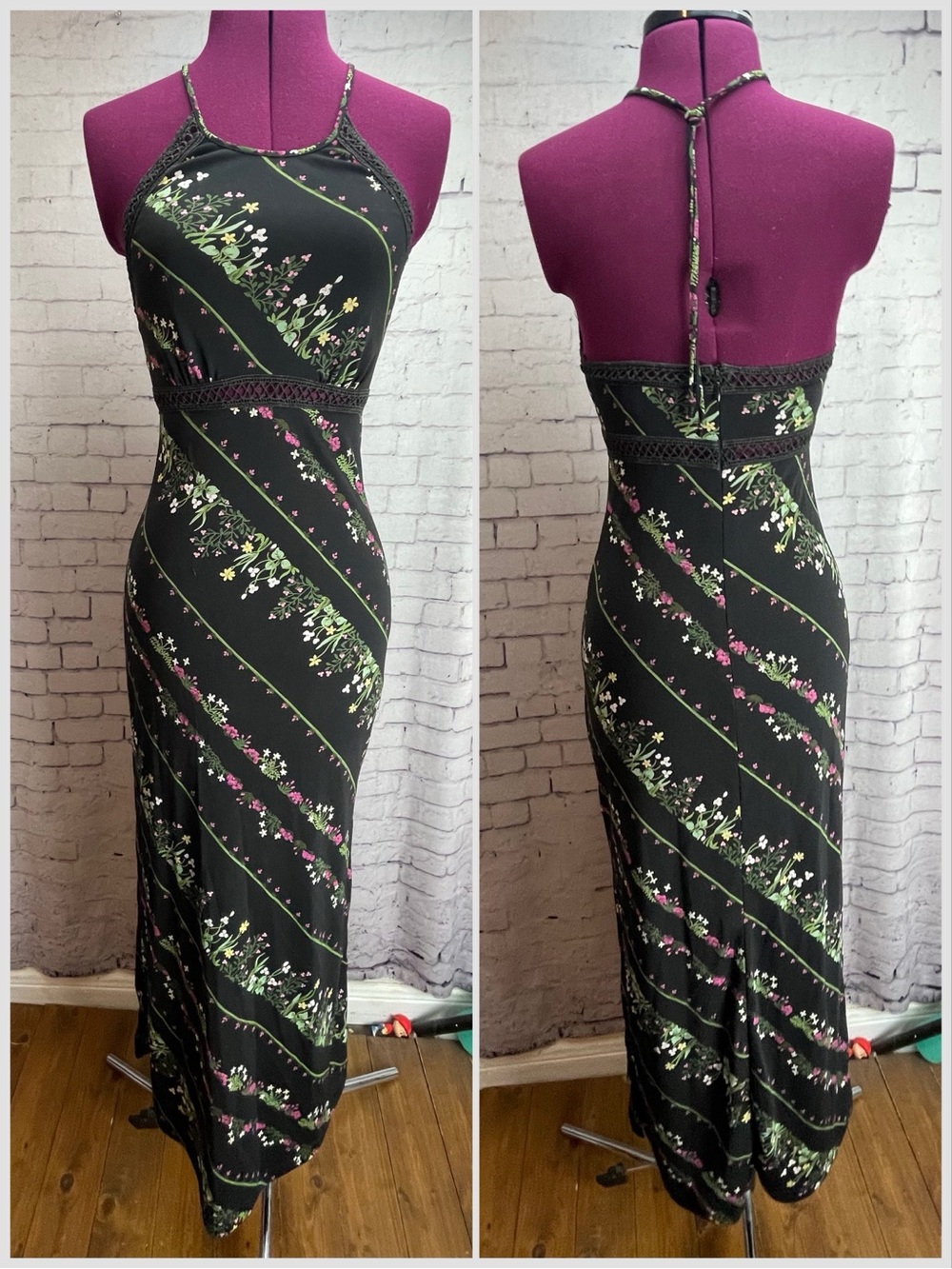 Bcbg dresses vintage black maxi dress floral size XS